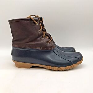 Sperry Top Sider Saltwater Duck Boots Women's 10M Navy Brown Waterproof Side Zip